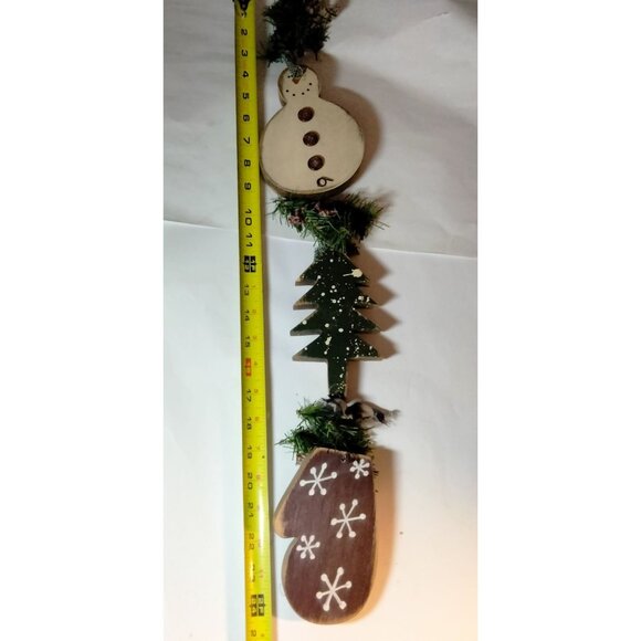 Wooden Snowman Tree Mitten Garland 24 in Rustic Handcrafted Holiday - Picture 3 of 10